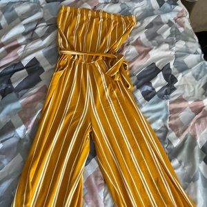 Mustard and white strapless jumpsuit